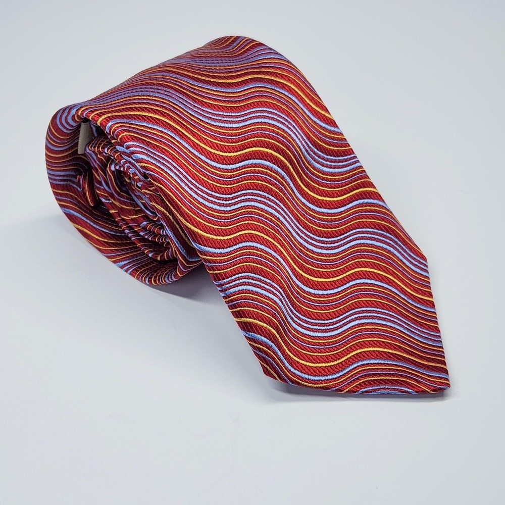Louis Dell'Olio Tie 100% Silk Handmade Italy Mens One Size Red Wavy Stripe - Picture 7 of 7